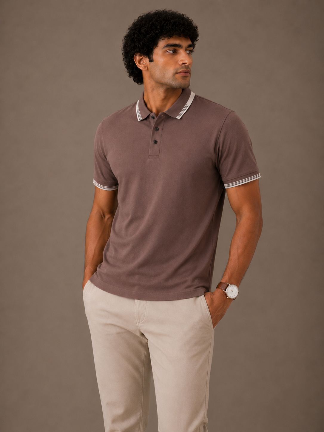 Taupe Contrast Collar Polo