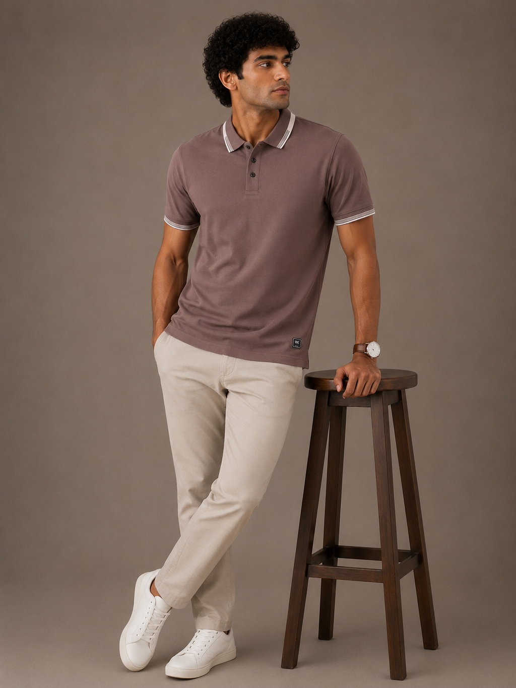 Taupe Contrast Collar Polo